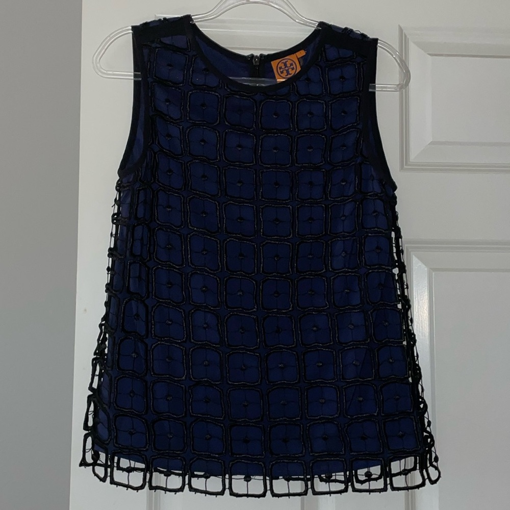 Tory Burch Womens Size 6 Solid Blue 100% Silk Tank Top Black Overlay